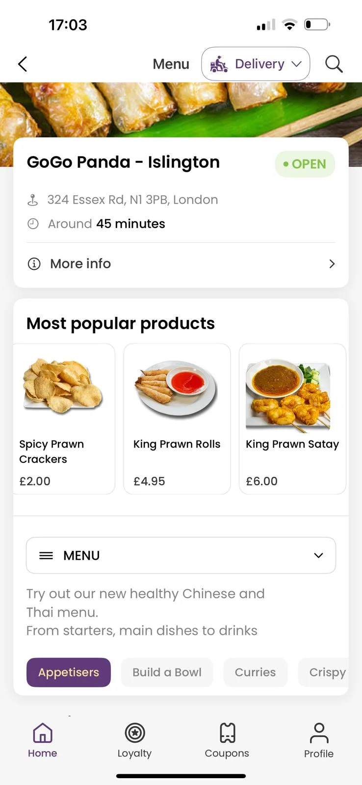 Branded restaurant ordering app menu and checkout screens