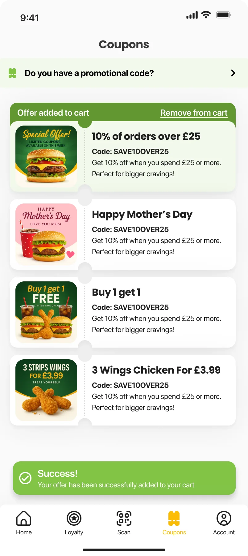Coupons and promotions screen in a branded restaurant app