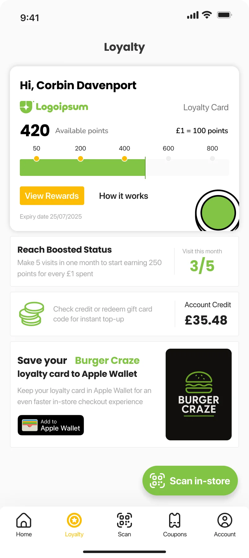 Loyalty card screen in a branded restaurant app